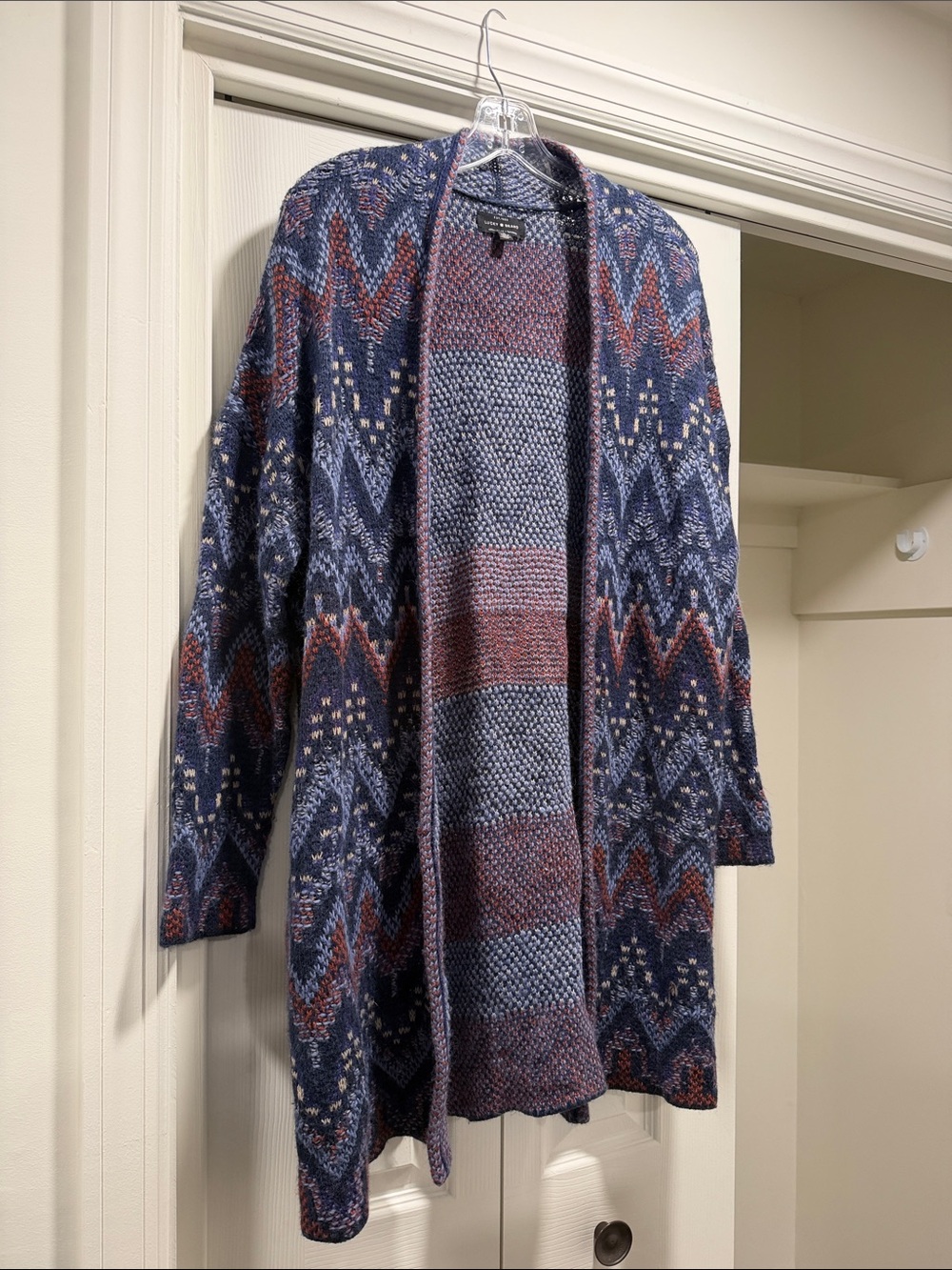 Lucky Brand Navy and Rust Patterned Open-Front Cardigan